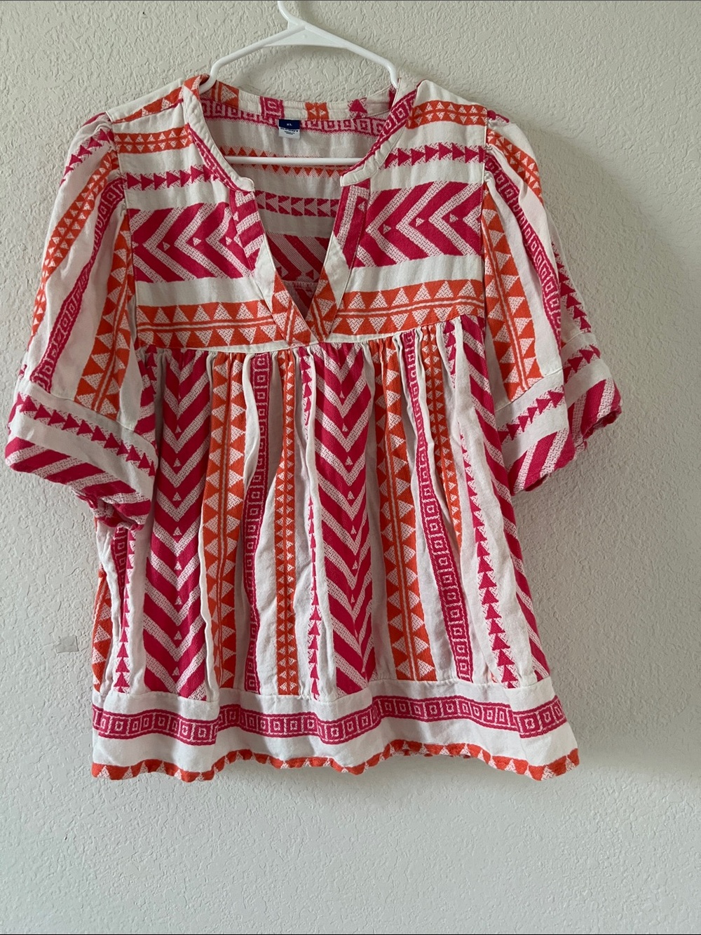 Old Navy Pink and Orange Geometric Peasant Top